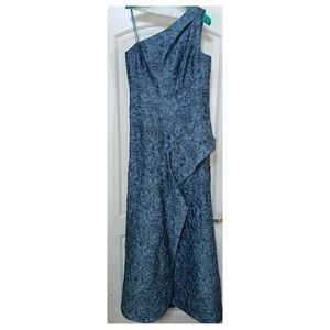 Teri Jon by Rickie Freeman Floral Lace Asymmetric Gown Slate Blue